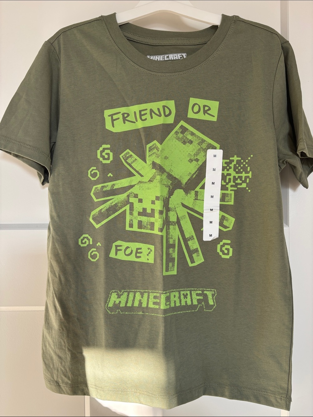 Minecraft Kids' Olive Green Graphic Tee with Lime Squid Print boys M